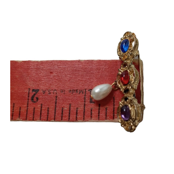 Vintage Cabochon Bar Pin Brooch Faux Pearl Drop Gold Tone VTG - Picture 5 of 16